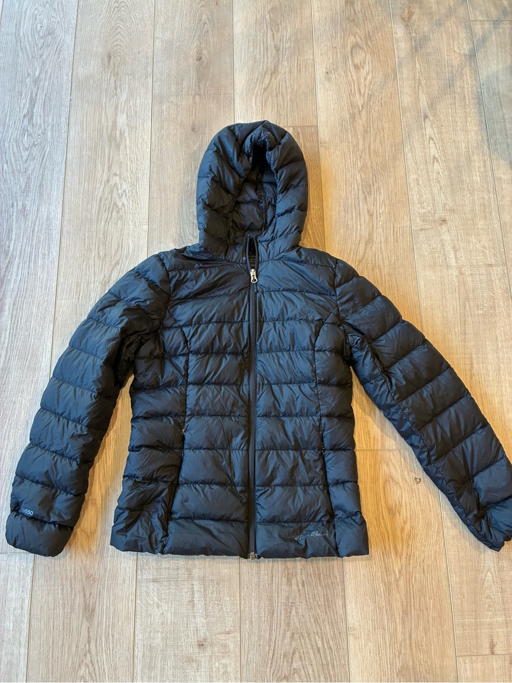Eddie Bauer Black Hooded Puffer Jacket Womens small midweight quilted